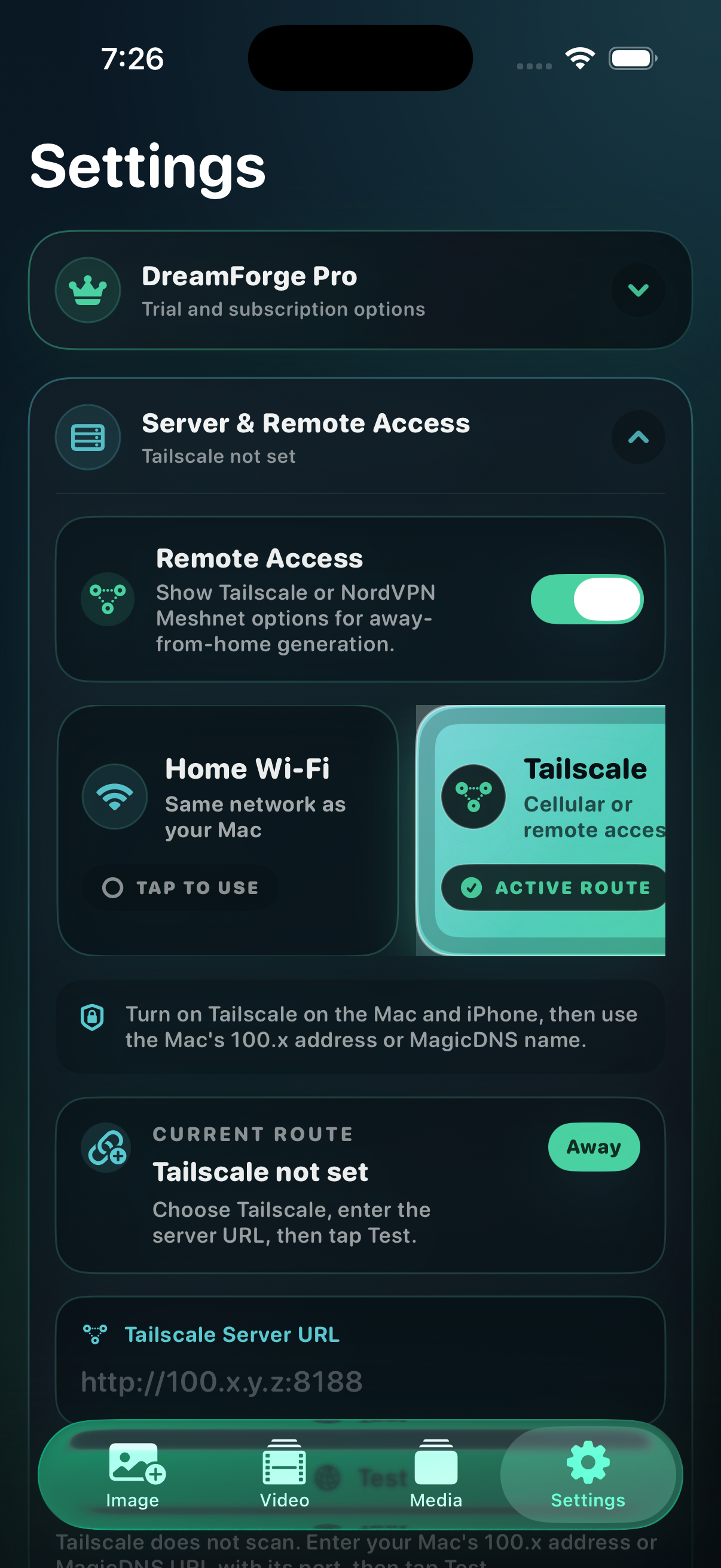 DreamForge settings with Home Wi-Fi, Tailscale, and NordVPN remote access