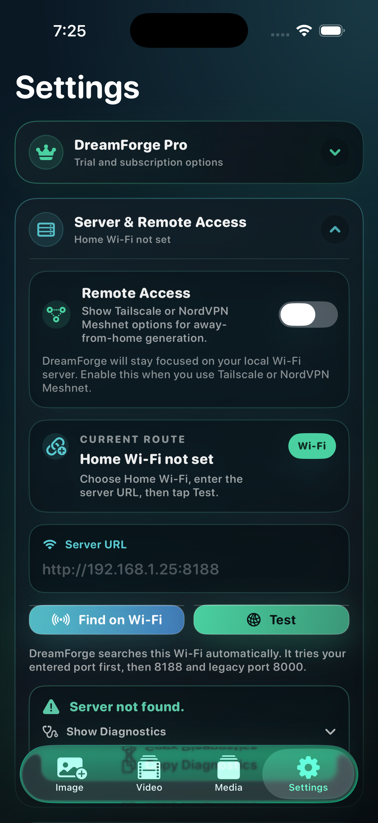 DreamForge settings with local ComfyUI discovery and connection diagnostics