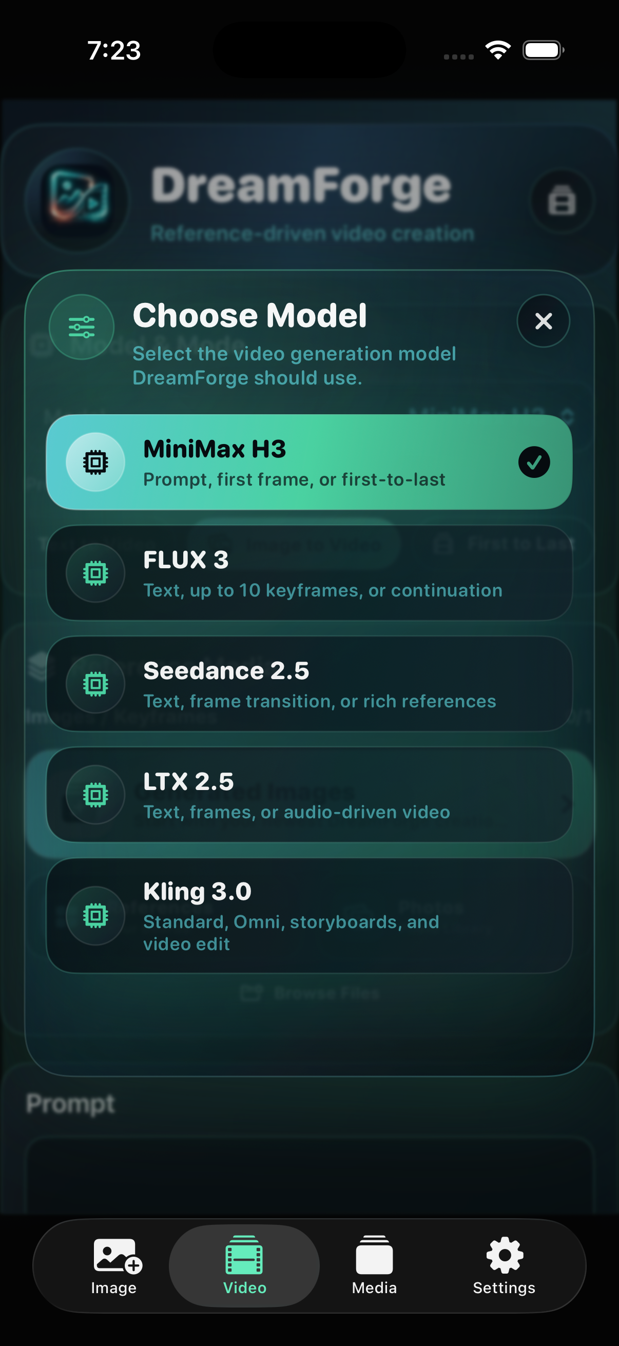 DreamForge premium video model picker showing five video models