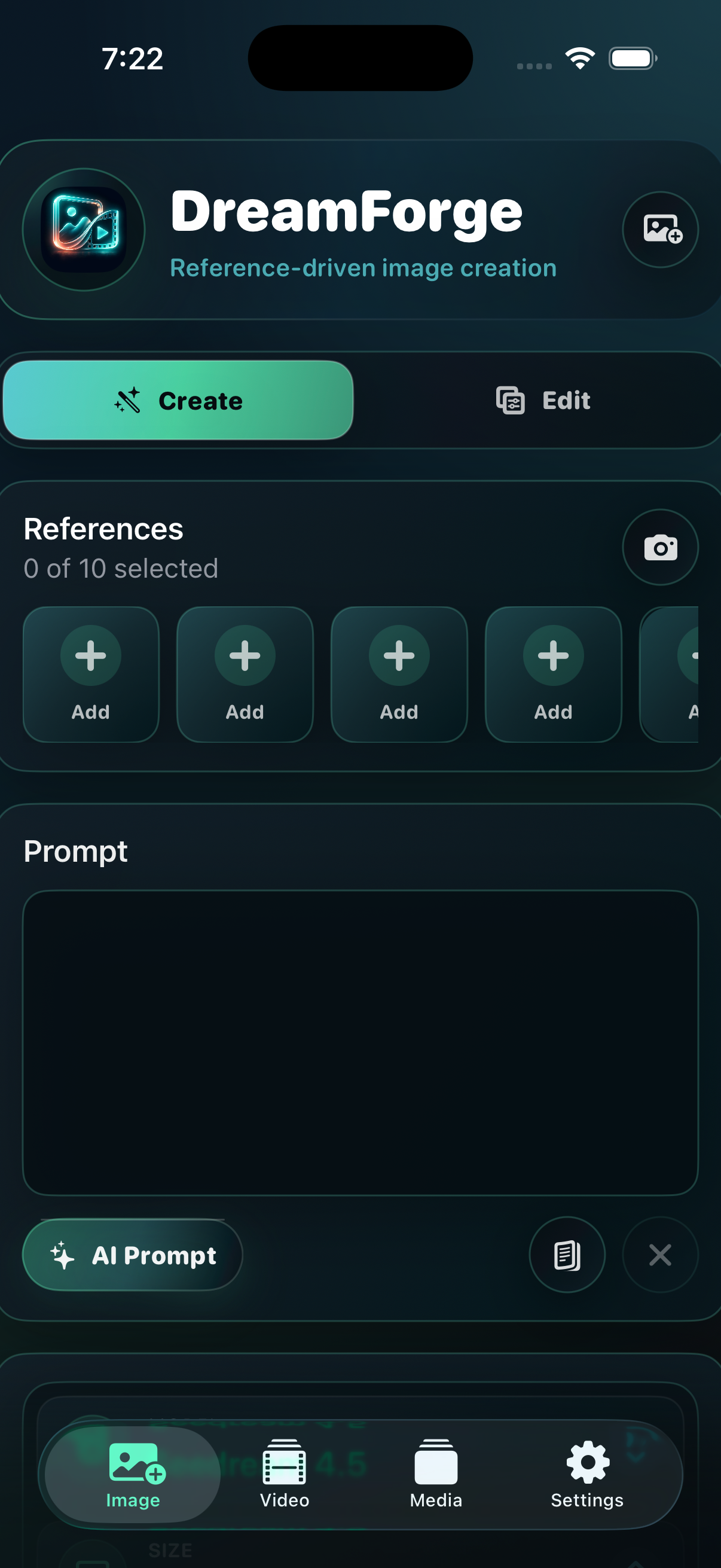 DreamForge Image Studio Create screen
